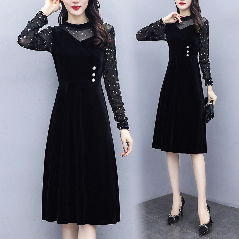 大码女春秋网纱假两件套装搭配气质显瘦遮肉连衣裙